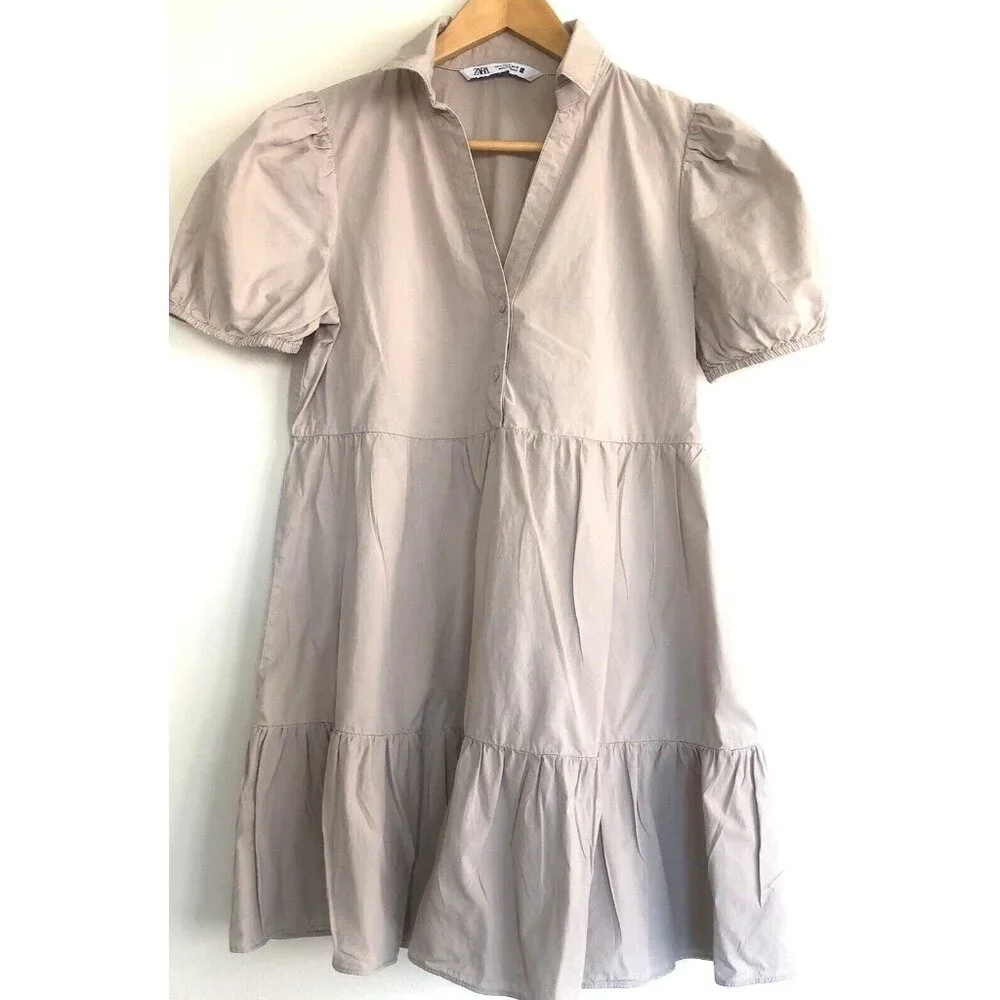 Zara short sleeve collared baby doll dress cotton Beige Small Lightweight Loose - Picture 1 of 10